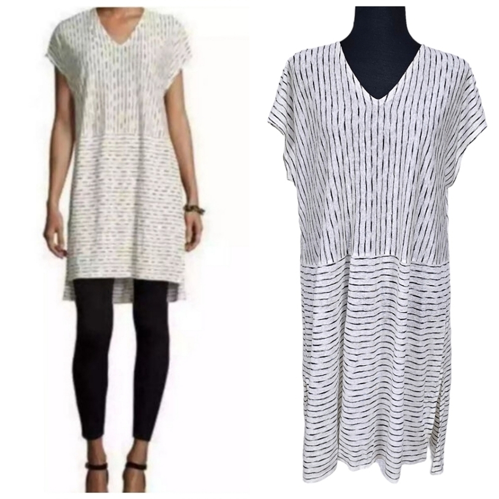 Eileen Fisher Organic Linen V-Neck Striped Oversized Tunice Top Small Petite
